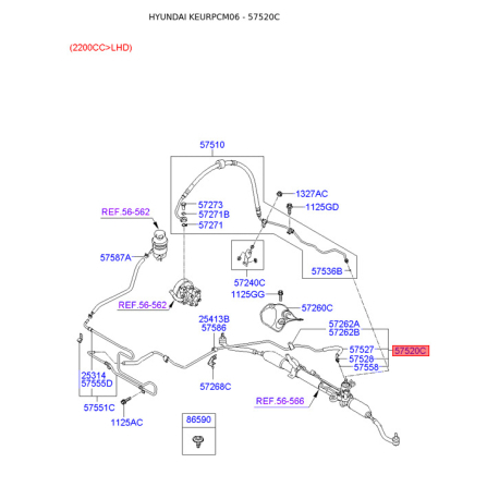 Гидравлический шланг(трубка), рулевое управление 57520-2B001 Mobis - 575202B001 - схема с каталога 57520C, KEURPCM06 575202B001