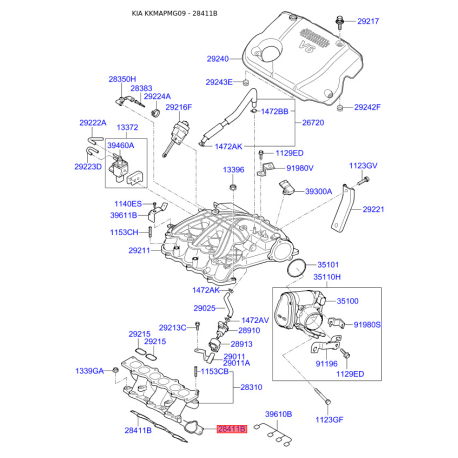 Прокладка впускного коллектора 28411-37200 Mobis - 2841137200 - схема с каталога 28411B, KKMAPMG09 2841137200