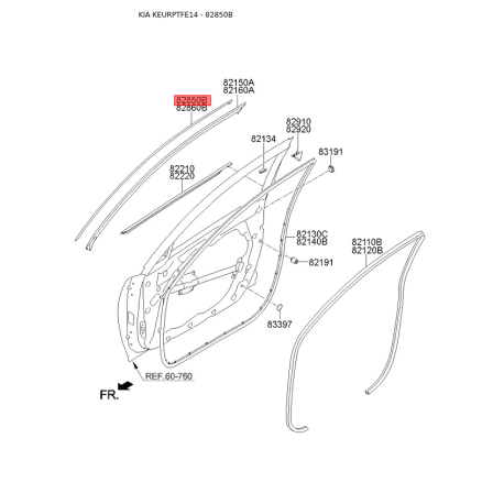 Уплотнитель (уплотнение) двери левый 82850-2T000 Mobis - 828502T000 - схема с каталога 82850B, KEURPTFE14 828502T000