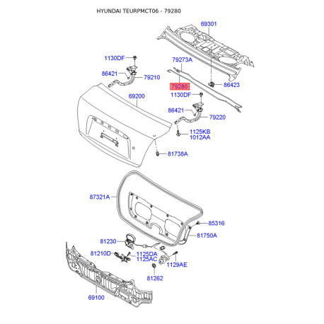 Торсіон (пружина) кришки багажника (задніх дверей) правий 79283-1E000 Mobis - 792831E000 - схема з каталогу 79280, TEURPMCT06 792831E000