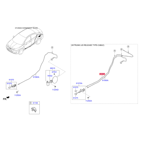Трос, замок двери 81280-1R000 Mobis - 812801R000 - схема с каталога 81281, KHMAPSB15 812801R000