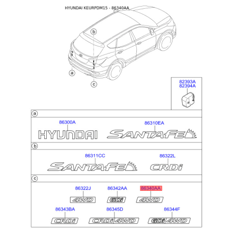 Эмблема задней и боковой двери, капота 86340-2W000 Mobis - 863402W000 - схема с каталога 86340AA, KEURPDM15 863402W000