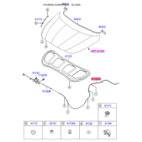 Тросик замка капота 81190-1R000 Mobis - 811901R000 - схема с каталога 81190A, KHMAPSB15 811901R000