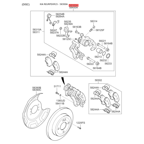 Супорт гальмівний без колодок лівий 58300-1R300 Mobis - 583001R300 - схема з каталогу 58300A, REURPDXR15 583001R300