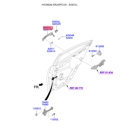 Ручка двери левая 82651-F2200 Mobis - 82651F2200 - схема с каталога 82651L, KRUSPF219 82651F2200