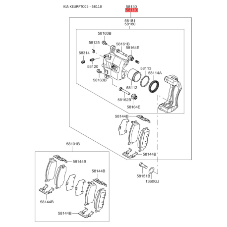 Суппорт тормозной в сборе левый 58110-1G100 Mobis - 581101G100 - схема с каталога 58110, KEURPTC05 581101G100