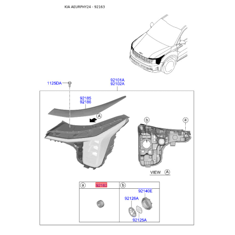 Крепление фары, освещение 92163-25000 Mobis - 9216325000 - схема с каталога 92163, AEURPHY24 9216325000