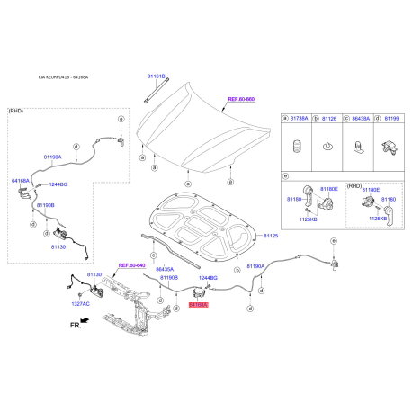 Кронштейн троса капота 64157-D4000 Mobis - 64157D4000 - схема с каталога 64168A, KEURPD418 64157D4000