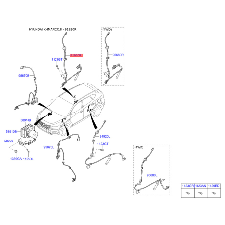 Датчик частоти обертання колеса (ABS) правий 91921-D3010 Mobis - 91921D3010 - схема з каталогу 91920R, KHMAPD318 91921D3010
