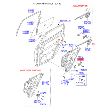 Ручка дверей, внутрішнє обладнання права 82620-0Q000 Mobis - 826200Q000 - схема з каталогу 82620, KEURPHD06 826200Q000