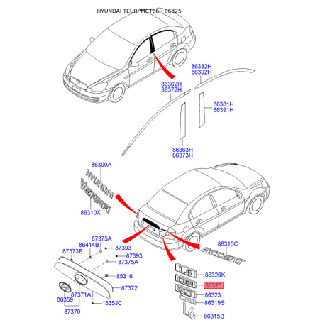 Эмблема задней и боковой двери, капота 86325-1E000 Mobis - 863251E000 - схема с каталога 86325, TEURPMCT06 863251E000