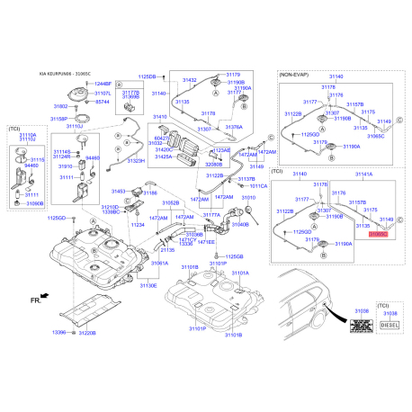 Соединительный патрубок, топливопровод 31065-3K000 Mobis - 310653K000 - схема с каталога 31065C, KEURPUN06 310653K000