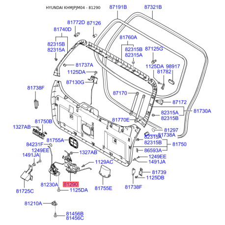 Замок задней двери 81290-2E020 Mobis - 812902E020 - схема с каталога 81290, KHMJPJM04 812902E020