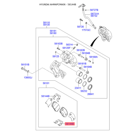 Пружина, колодки диского тормоза 58144-2B000 Mobis - 581442B000 - схема с каталога 58144B, AHMAPCMA06 581442B000