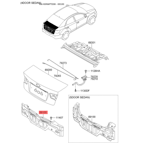 Лонжерон пола багажника 69100-1M010 Mobis - 691001M010 - схема с каталога 69100, KKMAPTD08 691001M010