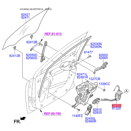 Замок двери левый 81310-2Y000 Mobis - 813102Y000 - схема с каталога 81310, HEURPTMZ14 813102Y000