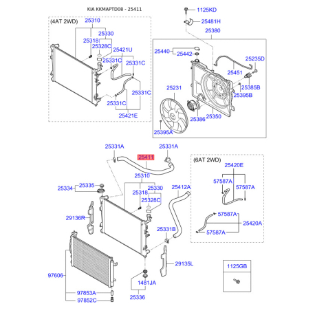 Шланг радиатора верхний 25411-1M100 Mobis - 254111M100 - схема с каталога 25411, KKMAPTD08 254111M100