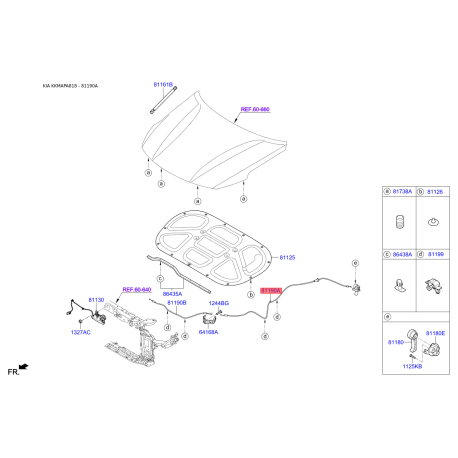 Тросик замку капота 81190-D4000 Mobis - 81190D4000 - схема з каталогу 81190A, KKMAPA818 81190D4000