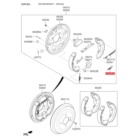 Пружина стяжна нижня колодок стоянкового гальма 58312-1G000 Mobis - 583121G000 - схема з каталогу 58312A, KRUSPG617 583121G000