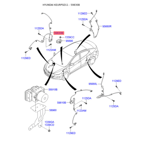 Датчик частоты вращения колеса (ABS) 59830-3X310 Mobis - 598303X310 - схема с каталога 59830B, KEURPSD11 598303X310