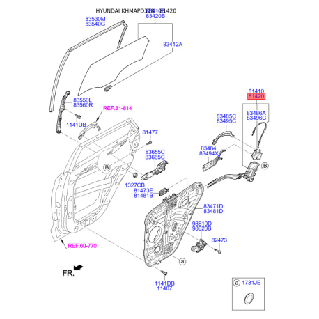 Замок двери правый 81420-D3000 Mobis - 81420D3000 - схема с каталога 81420, KHMAPD318 81420D3000