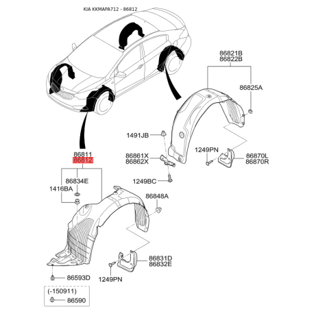 Обшивка (подкрылок), колесная ниша правая 86812-A7000 Mobis - 86812A7000 - схема с каталога 86812, KKMAPA712 86812A7000