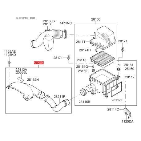 Рукав повітрозабірника, повітряний фільтр 28210-1M400 Mobis - 282101M400 - схема з каталогу 28210, KKMAPTD08 282101M400