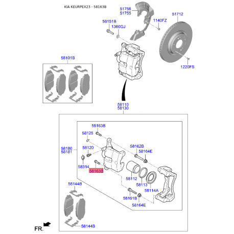 Болт кріплення скоби до супорта 58163-1G000 Mobis - 581631G000 - схема з каталогу 58163B, KEURPEX23 581631G000