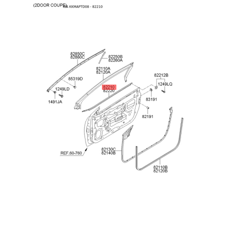 Ущільнення дверей ліве 82210-1M200 Mobis - 822101M200 - схема з каталогу 82210, KKMAPTD08 822101M200