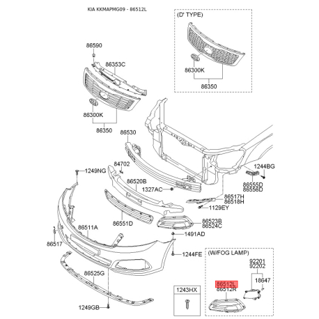 Решітка вентилятора, буфер ліва 86563-2G500 Mobis - 865632G500 - схема з каталогу 86512L, KKMAPMG09 865632G500