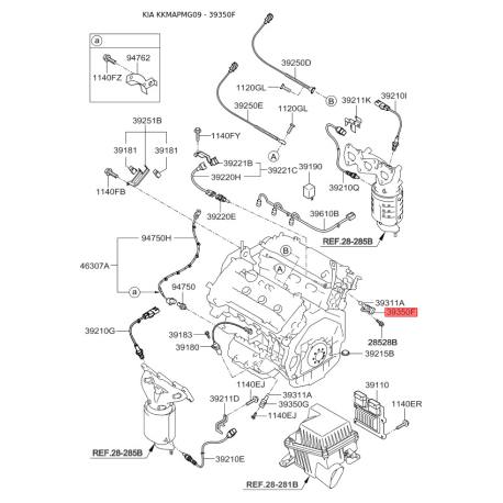 Датчик положения распределительного вала правый 39350-3E110 Mobis - 393503E110 - схема с каталога 39350F, KKMAPMG09 393503E110