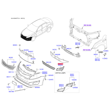 Корпус протитуманна фара лівий 86551-2T500 Mobis - 865512T500 - схема з каталогу 86523J, KKMAPTF14 865512T500