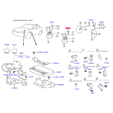 Датчик частоты вращения колеса (ABS) левый 95670-34502 Mobis - 9567034502 - схема с каталога 95670, NAS3409500 9567034502