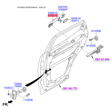 Рама ручки двери левая 83651-2W010 Mobis - 836512W010 - схема с каталога 83651E, AEURPDMA16 836512W010