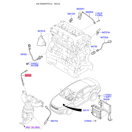Датчик кисню (лямбда-зонд) 39210-2G100 Mobis - 392102G100 - схема з каталогу 39210, KKMAPTFE14 392102G100