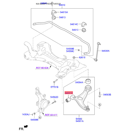 Сайлентблок важеля нижній 54551-4R000 Mobis - 545514R000 - схема з каталогу 54551D, KEURPTFE14 545514R000