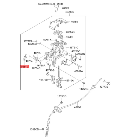 Датчик (перемикач, кінцевик) куліси режиму паркінгу АКПП 95840-2P000 Mobis - 958402P000 - схема з каталогу 95840, AKMAPXMA09 958402P000