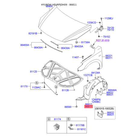 Обшивка (подкрылок), колесная ниша левая 86811-2R500 Mobis - 868112R500 - схема с каталога 86811, HEURPJDH09 868112R500