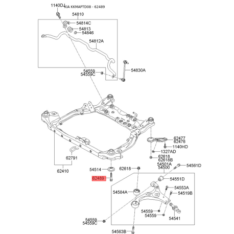 Болт кронштейна поперечної балки (підрамника) 62484-2H000 Mobis - 624842H000 - схема з каталогу 62489, KKMAPTD08 624842H000
