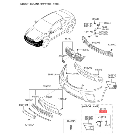 Фара противотуманная левая 92201-1M300 Mobis - 922011M300 - схема с каталога 92201, KEURPTD08 922011M300