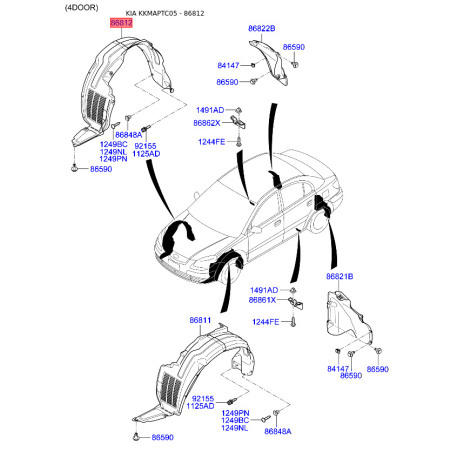 Обшивка (подкрылок), колесная ниша правая 86812-1G600 Mobis - 868121G600 - схема с каталога 86812, KKMAPTC05 868121G600