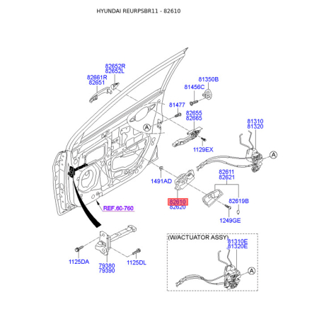 Ручка двери, внутреннее оснащение левая 82610-1R000S4 Mobis - 826101R000S4 - схема с каталога 82610, REURPSBR11 826101R000S4