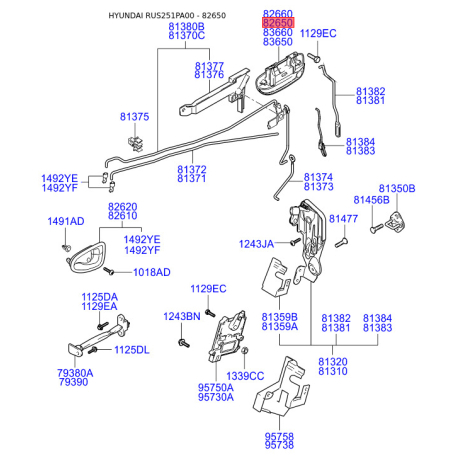 Ручка дверей ліва 82650-25000 Mobis - 8265025000 - схема з каталогу 82650, RUS251PA00 8265025000