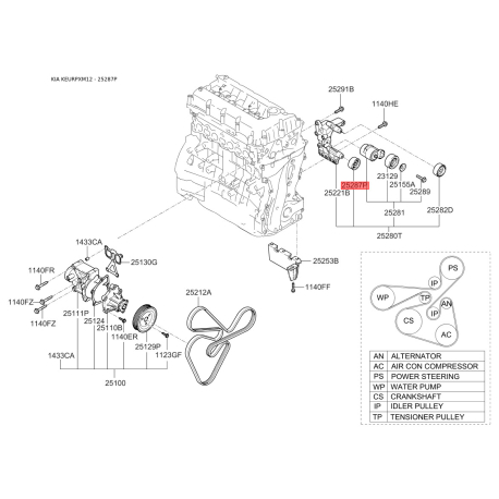 Ролик паразитный (ведущий) поликлинового ремня 25287-25210 Mobis - 2528725210 - схема с каталога 25287P, KEURPXM12 2528725210