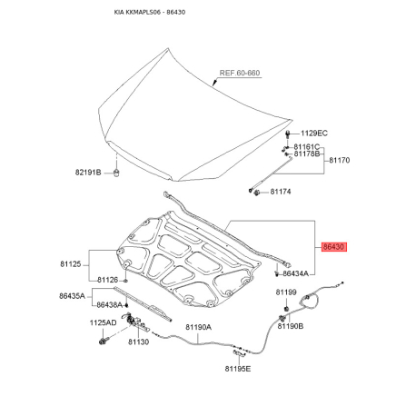 Шумоізоляція (теплоізоляція) капота 86430-2F000 Mobis - 864302F000 - схема з каталогу 86430, KKMAPLS06 864302F000