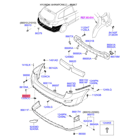 Заглушка бампера 86667-2B700 Mobis - 866672B700 - схема з каталогу 86667, AHMAPCMA11 866672B700