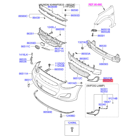 Облицювання, протитуманна фара переднє праве 86564-1R000 Mobis - 865641R000 - схема з каталогу 86524C, KHMAPSB15 865641R000