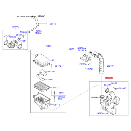 Рукав повітрозабірника, повітряний фільтр 28220-3X320 Mobis - 282203X320 - схема з каталогу 28220E, HAUSPA616 282203X320