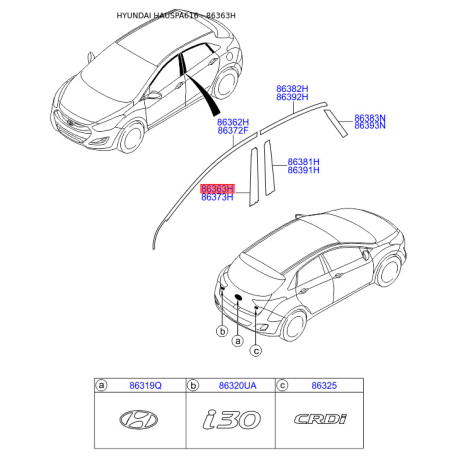Облицовка / защитная накладка, боковина задняя левая 86363-A5000 Mobis - 86363A5000 - схема с каталога 86363H, HAUSPA616 86363A5000