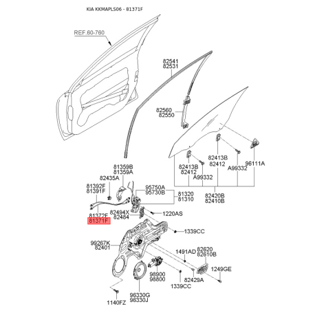 Трос, замок двери левый 81371-2F000 Mobis - 813712F000 - схема с каталога 81371F, KKMAPLS06 813712F000
